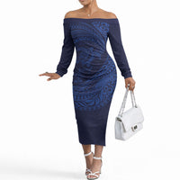 Hawaiian Turtle and Shark Off The Shoulder Long Sleeve Dress Kakau Tribal with Polynesian Pattern Blue Color