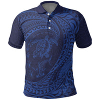 Hawaiian Turtle and Shark Polo Shirt Kakau Tribal with Polynesian Pattern Blue Color