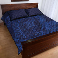 Hawaiian Turtle and Shark Quilt Bed Set Kakau Tribal with Polynesian Pattern Blue Color