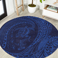 Hawaiian Turtle and Shark Round Carpet Kakau Tribal with Polynesian Pattern Blue Color
