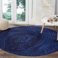 Hawaiian Turtle and Shark Round Carpet Kakau Tribal with Polynesian Pattern Blue Color