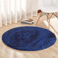 Hawaiian Turtle and Shark Round Carpet Kakau Tribal with Polynesian Pattern Blue Color
