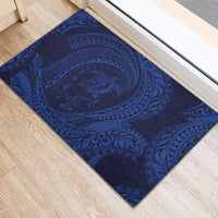 Hawaiian Turtle and Shark Rubber Doormat Kakau Tribal with Polynesian Pattern Blue Color