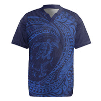 Hawaiian Turtle and Shark Rugby Jersey Kakau Tribal with Polynesian Pattern Blue Color