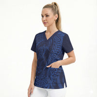 Hawaiian Turtle and Shark Scrub Top Kakau Tribal with Polynesian Pattern Blue Color