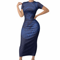 Hawaiian Turtle and Shark Short Sleeve Bodycon Dress Kakau Tribal with Polynesian Pattern Blue Color