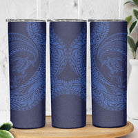 Hawaiian Turtle and Shark Skinny Tumbler Kakau Tribal with Polynesian Pattern Blue Color