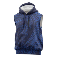 Hawaiian Turtle and Shark Sleeveless Hoodie Kakau Tribal with Polynesian Pattern Blue Color