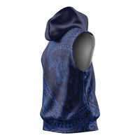 Hawaiian Turtle and Shark Sleeveless Hoodie Kakau Tribal with Polynesian Pattern Blue Color