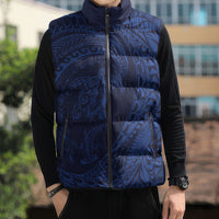 Hawaiian Turtle and Shark Sleeveless Puffer Jacket Kakau Tribal with Polynesian Pattern Blue Color