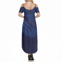 Hawaiian Turtle and Shark Summer Maxi Dress Kakau Tribal with Polynesian Pattern Blue Color