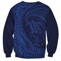 Hawaiian Turtle and Shark Sweatshirt Kakau Tribal with Polynesian Pattern Blue Color