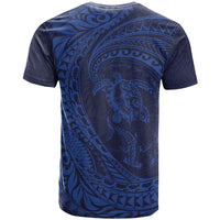 Hawaiian Turtle and Shark T Shirt Kakau Tribal with Polynesian Pattern Blue Color