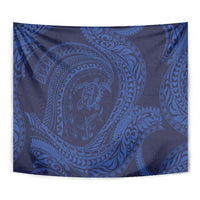 Hawaiian Turtle and Shark Tapestry Kakau Tribal with Polynesian Pattern Blue Color