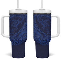 Hawaiian Turtle and Shark Tumbler With Handle Kakau Tribal with Polynesian Pattern Blue Color