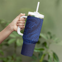 Hawaiian Turtle and Shark Tumbler With Handle Kakau Tribal with Polynesian Pattern Blue Color