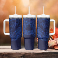 Hawaiian Turtle and Shark Tumbler With Handle Kakau Tribal with Polynesian Pattern Blue Color