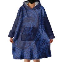 Hawaiian Turtle and Shark Wearable Blanket Hoodie Kakau Tribal with Polynesian Pattern Blue Color