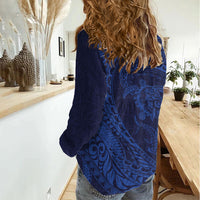 Hawaiian Turtle and Shark Women Casual Shirt Kakau Tribal with Polynesian Pattern Blue Color