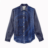 Hawaiian Turtle and Shark Women Casual Shirt Kakau Tribal with Polynesian Pattern Blue Color