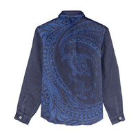Hawaiian Turtle and Shark Women Casual Shirt Kakau Tribal with Polynesian Pattern Blue Color
