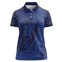 Hawaiian Turtle and Shark Women Polo Shirt Kakau Tribal with Polynesian Pattern Blue Color