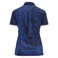 Hawaiian Turtle and Shark Women Polo Shirt Kakau Tribal with Polynesian Pattern Blue Color