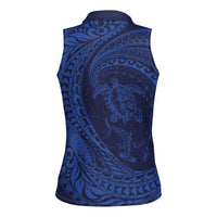 Hawaiian Turtle and Shark Women Sleeveless Polo Shirt Kakau Tribal with Polynesian Pattern Blue Color