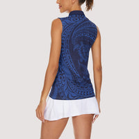 Hawaiian Turtle and Shark Women Sleeveless Polo Shirt Kakau Tribal with Polynesian Pattern Blue Color