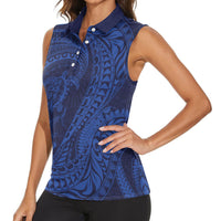Hawaiian Turtle and Shark Women Sleeveless Polo Shirt Kakau Tribal with Polynesian Pattern Blue Color