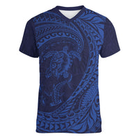 Hawaiian Turtle and Shark Women V-Neck T-Shirt Kakau Tribal with Polynesian Pattern Blue Color