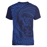 Hawaiian Turtle and Shark Women V-Neck T-Shirt Kakau Tribal with Polynesian Pattern Blue Color