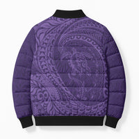 Hawaiian Turtle and Shark Bomber Puffer Jacket Kakau Tribal with Polynesian Pattern Purple Color