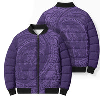 Hawaiian Turtle and Shark Bomber Puffer Jacket Kakau Tribal with Polynesian Pattern Purple Color
