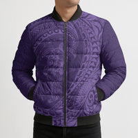 Hawaiian Turtle and Shark Bomber Puffer Jacket Kakau Tribal with Polynesian Pattern Purple Color