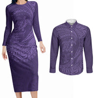 Hawaiian Turtle and Shark Couples Matching Long Sleeve Bodycon Dress and Long Sleeve Button Shirt Kakau Tribal with Polynesian Pattern Purple Color