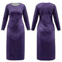Hawaiian Turtle and Shark Couples Matching Long Sleeve Bodycon Dress and Long Sleeve Button Shirt Kakau Tribal with Polynesian Pattern Purple Color