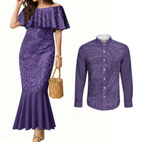 Hawaiian Turtle and Shark Couples Matching Mermaid Dress and Long Sleeve Button Shirt Kakau Tribal with Polynesian Pattern Purple Color
