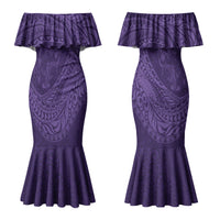 Hawaiian Turtle and Shark Couples Matching Mermaid Dress and Long Sleeve Button Shirt Kakau Tribal with Polynesian Pattern Purple Color