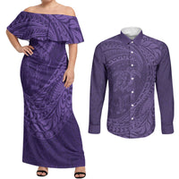 Hawaiian Turtle and Shark Couples Matching Off Shoulder Maxi Dress and Long Sleeve Button Shirt Kakau Tribal with Polynesian Pattern Purple Color