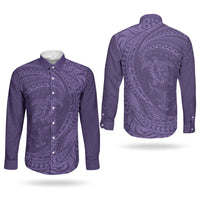 Hawaiian Turtle and Shark Couples Matching Off Shoulder Maxi Dress and Long Sleeve Button Shirt Kakau Tribal with Polynesian Pattern Purple Color