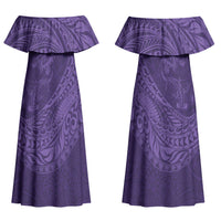 Hawaiian Turtle and Shark Couples Matching Off Shoulder Maxi Dress and Long Sleeve Button Shirt Kakau Tribal with Polynesian Pattern Purple Color