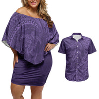 Hawaiian Turtle and Shark Couples Matching Off Shoulder Short Dress and Hawaiian Shirt Kakau Tribal with Polynesian Pattern Purple Color