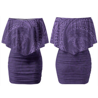 Hawaiian Turtle and Shark Couples Matching Off Shoulder Short Dress and Hawaiian Shirt Kakau Tribal with Polynesian Pattern Purple Color