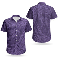 Hawaiian Turtle and Shark Couples Matching Off Shoulder Short Dress and Hawaiian Shirt Kakau Tribal with Polynesian Pattern Purple Color