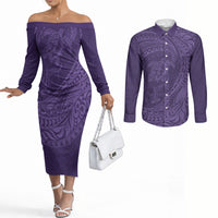 Hawaiian Turtle and Shark Couples Matching Off The Shoulder Long Sleeve Dress and Long Sleeve Button Shirt Kakau Tribal with Polynesian Pattern Purple Color