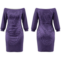Hawaiian Turtle and Shark Couples Matching Off The Shoulder Long Sleeve Dress and Long Sleeve Button Shirt Kakau Tribal with Polynesian Pattern Purple Color