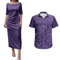 Hawaiian Turtle and Shark Couples Matching Puletasi and Hawaiian Shirt Kakau Tribal with Polynesian Pattern Purple Color