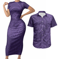 Hawaiian Turtle and Shark Couples Matching Short Sleeve Bodycon Dress and Hawaiian Shirt Kakau Tribal with Polynesian Pattern Purple Color