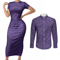 Hawaiian Turtle and Shark Couples Matching Short Sleeve Bodycon Dress and Long Sleeve Button Shirt Kakau Tribal with Polynesian Pattern Purple Color